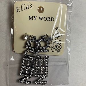Queen Earrings Rhinestone Filled Word